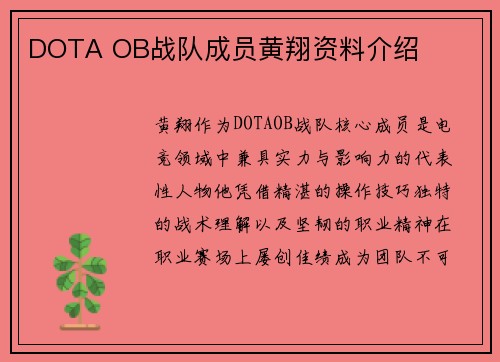 DOTA OB战队成员黄翔资料介绍